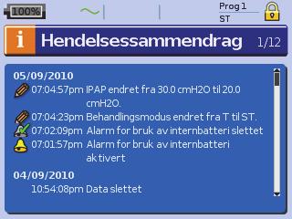 Informasjonsmeny Hendelsessammendrag Hendelsesloggen viser sammendrag av 3 typer hendelser: endringer i innstillinger, alarmer og systemhendelser (som