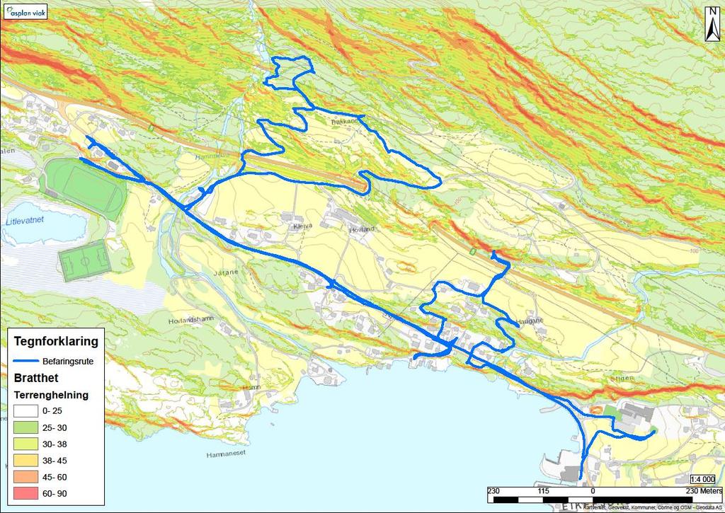 9 Rv. 5 Hamnaelva Fv.542 Haugane Kleivaelva Figur 5: Oversikt bratthet i grader for område over planområdet i Eikefjord. 3.1 Topografi Fjellsiden over planområdet er sør-sørvestvent.