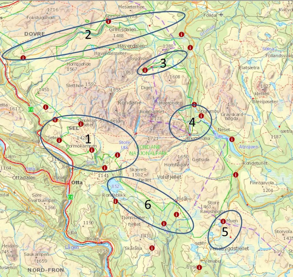 Figur 5: De seks utvalgte fokusområdene i og i tilknytning til Rondane nasjonalpark. 1. Høvringen Rondvassbu Mysuseter 2. Grimsdalen3. Dørålen 4.