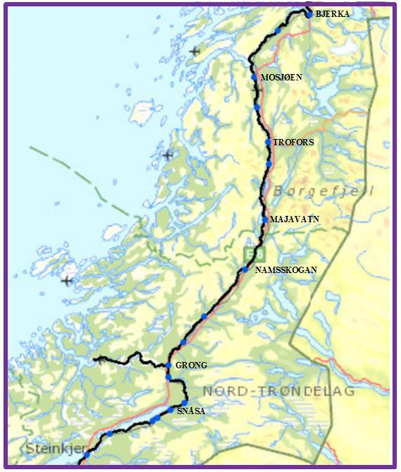 Figur 2: Kart Nordlandsbanen Sør: