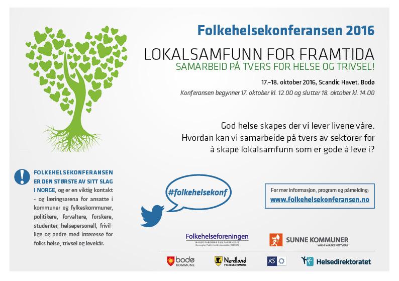 saksframlegg Dato: Referanse: Vår saksbehandlar: 23.05.2016 36253/2016 Svein Neerland Saksnr Utval Møtedato RS 16/16 Kultur- og folkehelseutvalet 31.05.2016 Folkehelsekonferansen i Bodø 17. 18.