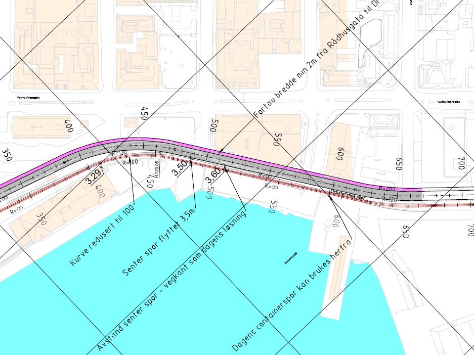 Prinsippskisse med forslag til plassering av spor utenfor kjørebanen. Kurveradius på 100 meter er i utgangspunktet litt for krapp i hht. Jernbaneverkets tekniske regelverk.