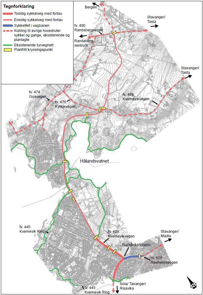 Vedtaket i fylkestinget om at det skal sikres mulighet for framtidig utvidelse til fire felt nord for Kvernevik Ring Nord, konkretiseres med en byggegrense i plankartet.