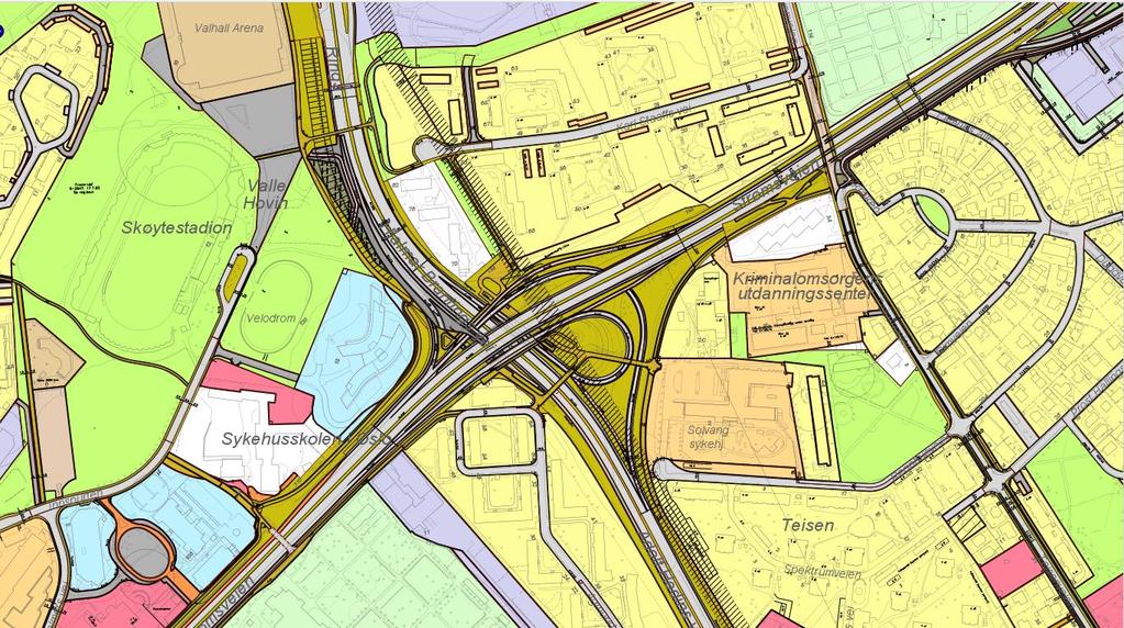 6.3.4 Tiltak i Teisenkrysset For Teisenkrysset er det regulert ramper mellom Ring 3 og E6 sør. Figur 50: Gjeldende regulering E6/Ring 3 (Teisenkrysset).