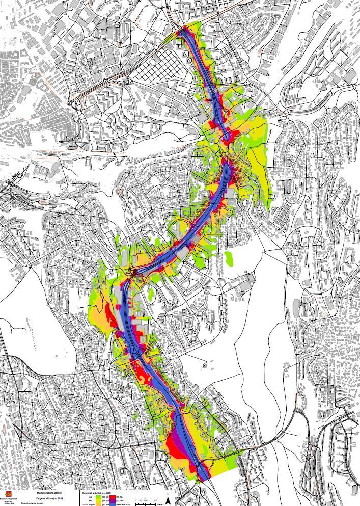 7.5.2 Støysituasjonen i planområdet Våre beregninger fra oktober 2013 viser at det er om lag 5130 personer i helårsboliger som har et utendørs lydnivå over L den 55 db langs strekningen Abildsø