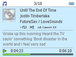 4.9 Sangtekster Spilleren støtter filer i LRC-format, og kan vise teksten samtidig som den spiller av en sang.