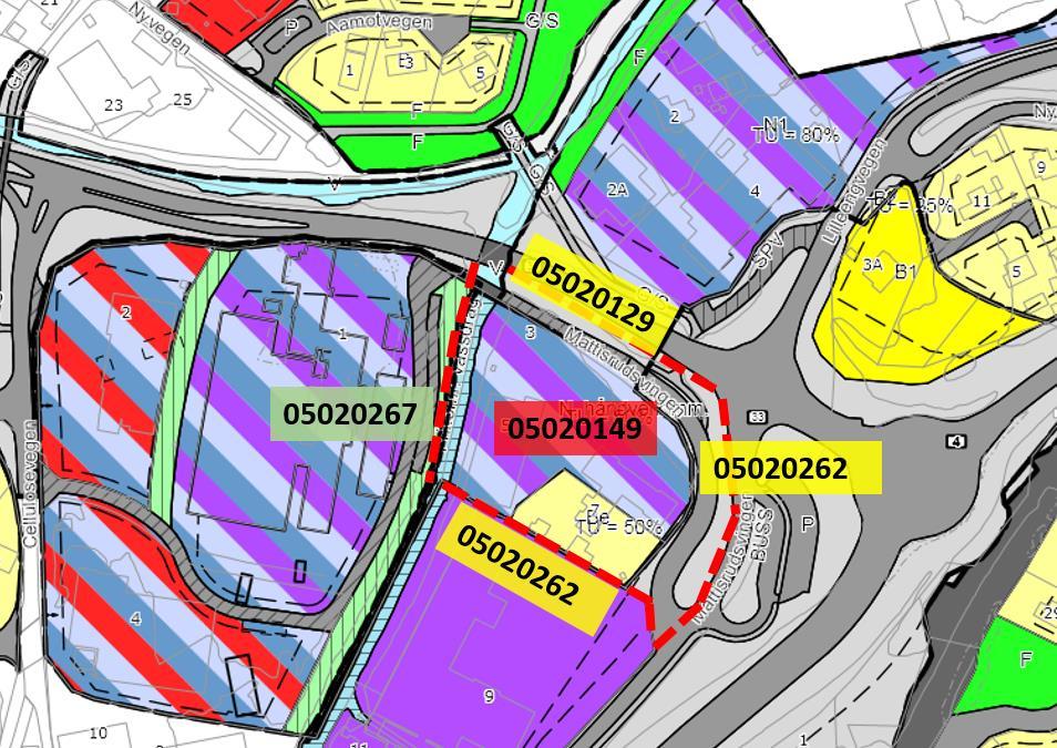 2.4 Gjeldende reguleringsplaner i området Planområdet inngår i tre gjeldende reguleringsplaner, og grenser inntil en plan (markert grønt), se figuren nedenfor.