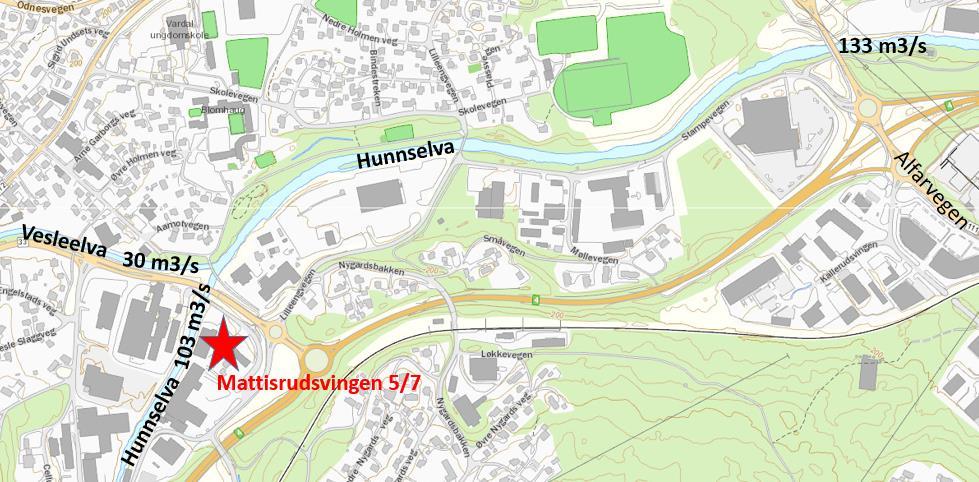 Hunnselva har da i det aktuelle området en kapasitet (115 m3/s) som er ca 10% høyere enn opptredende vannmengde ved 200-års flom, med 20% klimapåslag (103 m3/s).