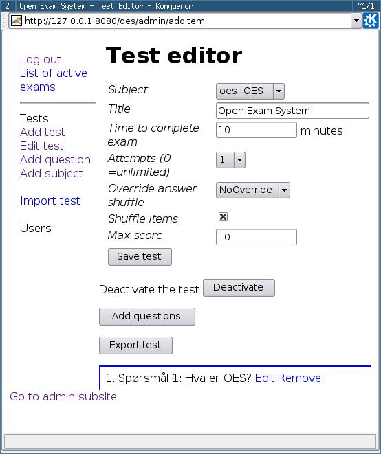 Skjermbilde 7.12: Spørsmål er lagt til testen 7.5 Eksportere tester OES kan eksportere tester til formatet IMS QTILite (kap: 9.1.5).