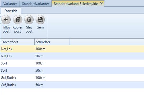 Standardvariant. Det vises en ny linje hvor det skal inntastes navnet på standardvarianten. Koden kan evt.