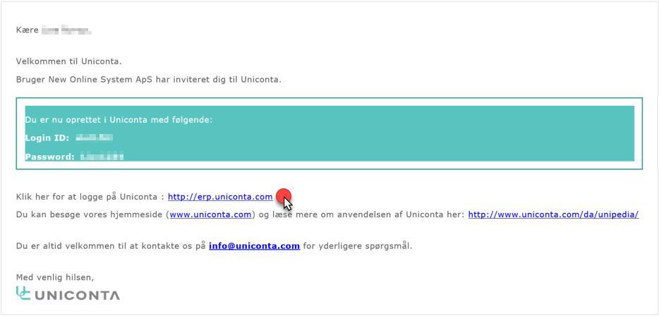 Klikk på linket i velkomst mailen for å installere Uniconta. Velkomstmenyen Etter avsluttet installasjon, startes Uniconta og det skal inntastes Login ID og Passord.
