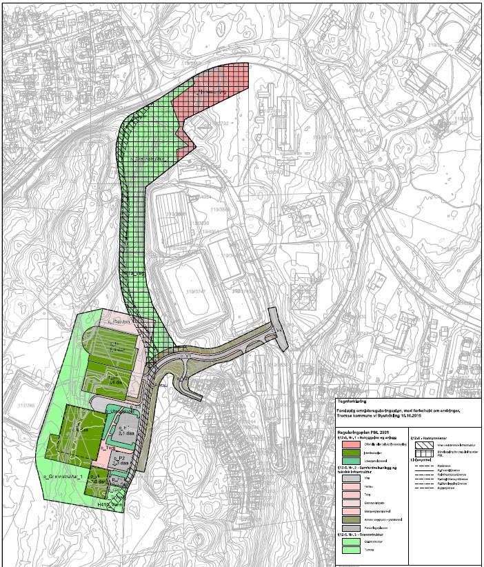 Plankart. Planforslaget viser bygg lokalisert i et bånd mot vest, mens trafikal infrastruktur er lokalisert mot øst med et stort innslag av grøntareal.