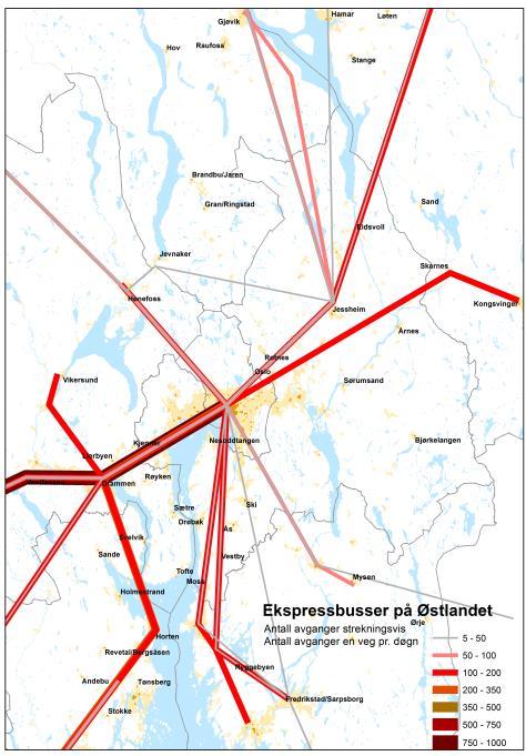 Figur 7.20. Skjematisk kart over Ekspressbusslinjer, september 2014 (TØI). Som det fremgår av figur 7.20, er Oslo det viktigste knutepunktet for ekspressbusstrafikken på Østlandet.