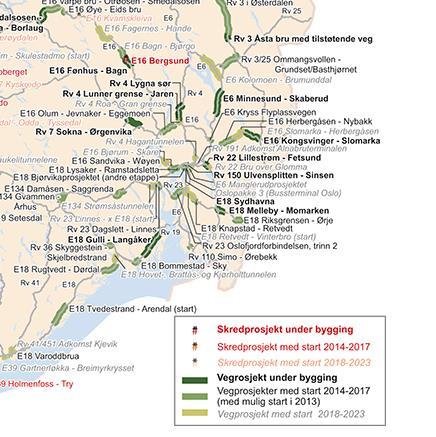 Figur 7.22: Riksvegprosjekter under bygging, oppstart i første- eller andre del av NTP 2014-23. Kilde: Meld.St.26 2012/13.