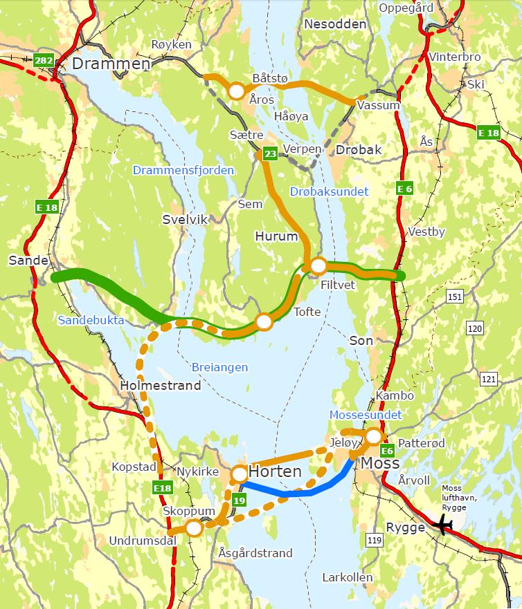 Det anbefales også å utrede en fast bruforbindelse nord for Drøbak som alternativ løsning til nytt tunnelløp under Oslofjorden.