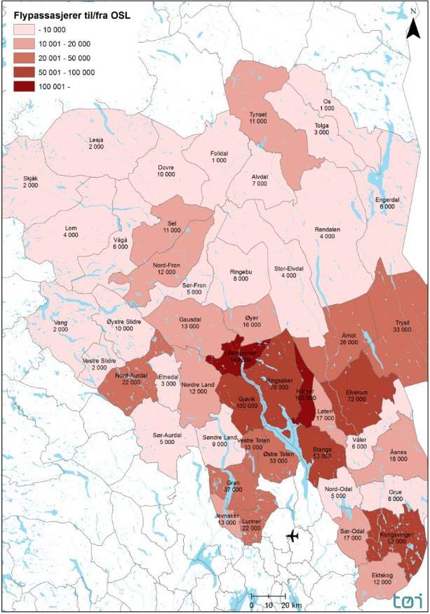 Akershus utgjør 18 prosent av trafikken, ca 2,7 millioner reiser, med Bærum, Asker og Skedsmo som de viktigste punktene.