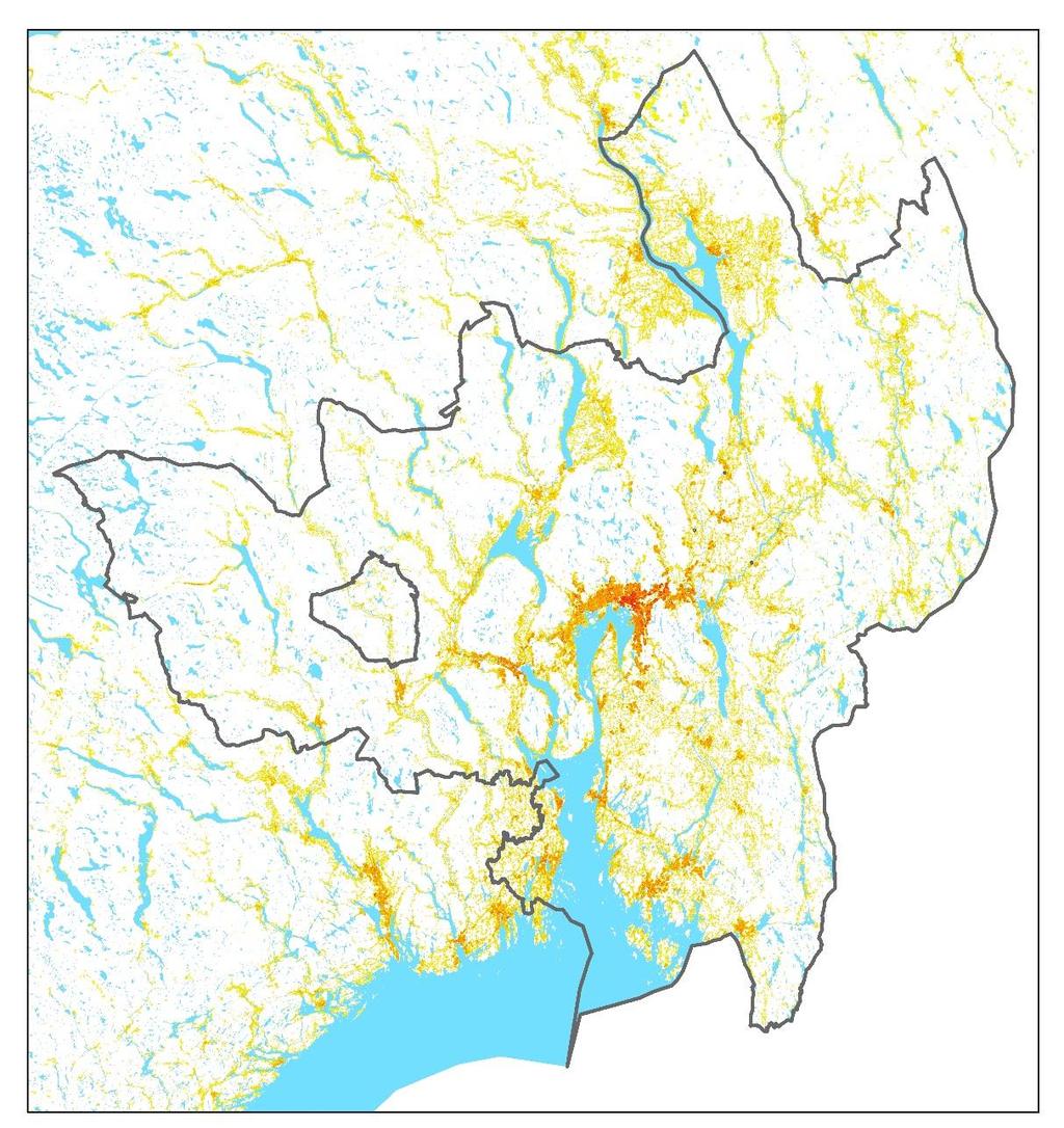 Figur 1.1: Befolkningsfordeling på Østlandet 2014, datakilde SSB. Mørk farge viser høy befolkningstetthet. Streken på kartet avgrenser de kommunene 1 som inngår i samarbeidsalliansen «Osloregionen».