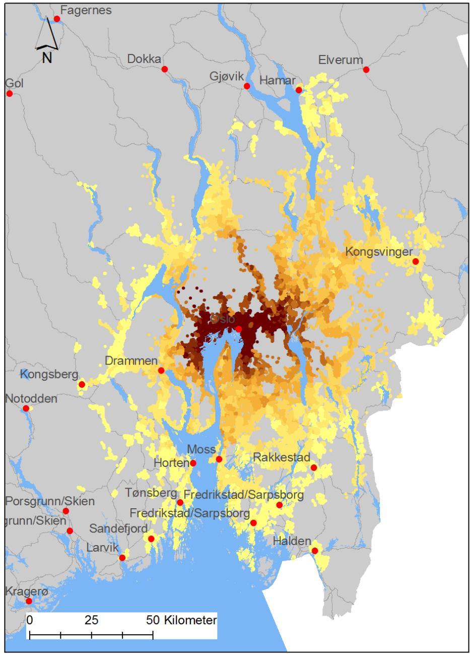 8.3.2 Oslos pendlingsomland Oslo har et stort pendlingsomland. Særlig langs intercitystrekningene. Figur 8.