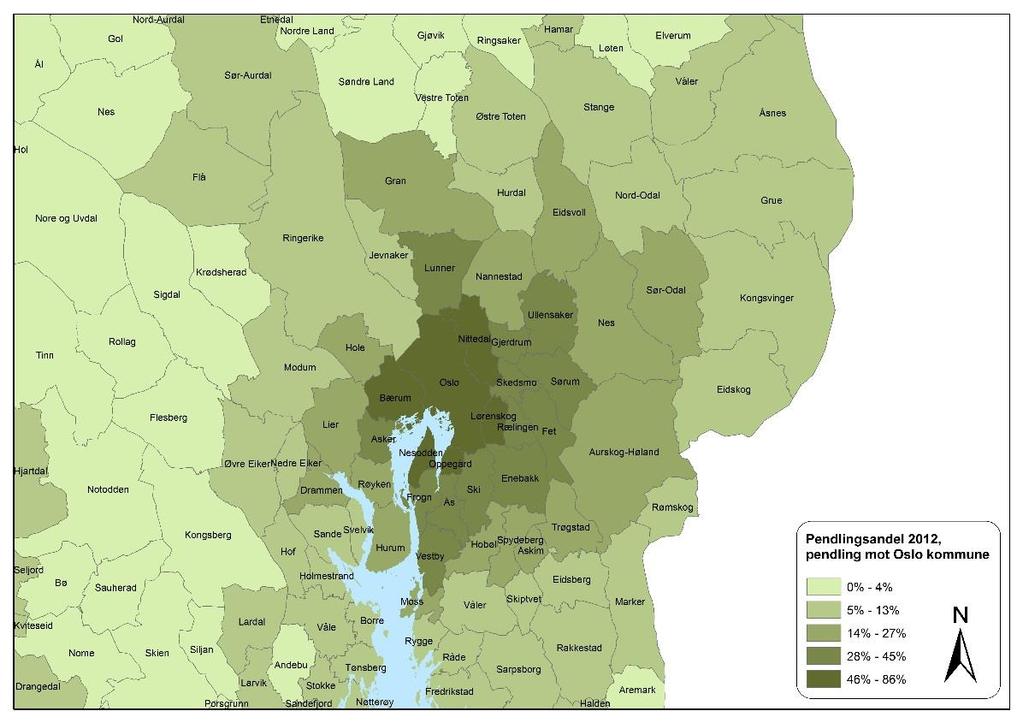 Figur 8.2. Pendlingsandeler mot «Oslo» (2012). «Oslo» er definert som alle arbeidsplasser i Oslo kommune, samt hele Lysaker og Fornebu i Bærum kommune.