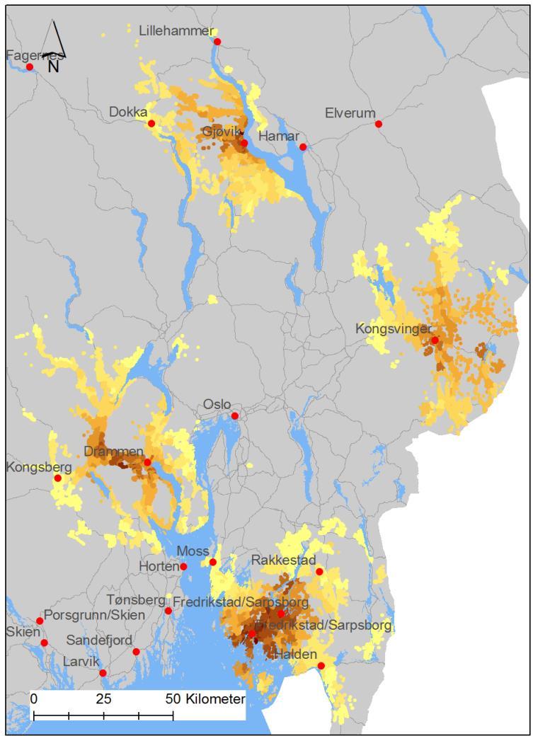 8.6 Arbeidsreiser, utenom Oslo Selv om Oslo har det klart største arbeidsmarkedet i regionen, er det også interessant å se hvordan pendlingen har utviklet seg til de mindre regionsentrene. 8.6.1 Pendling til de mindre regionssentrene Figur 8.