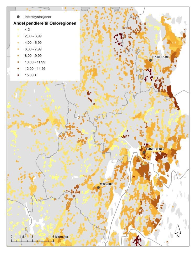 Figur 8.9 (a-f): Andel yrkesaktive med arbeidsplass i Osloregionen. Siste kvartal 2010. Prosent. Tallgrunnlag: Pendlingsstrømmer mellom grunnkretser fra registerbasert sysselsettingsstatistikk (SSB).