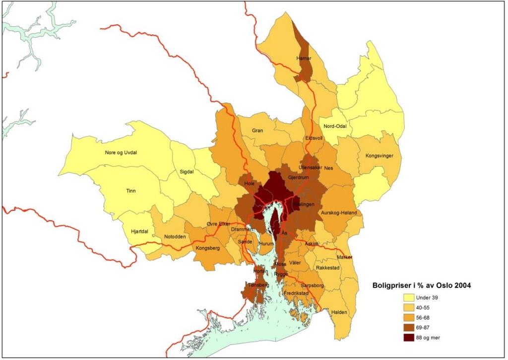 Figur 4.2: Boligpris i prosent av prisen i Oslo. Kommune. 2004. Kilde: Bearbeidede data fra SSB Figur 4.3: Boligpris i prosent av prisen i Oslo. Kommune. 2012.