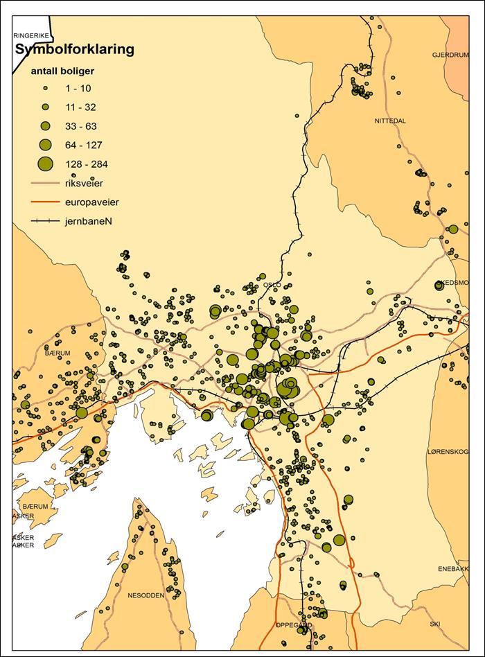 Figur 4.9. Igangsatte boliger i Oslo i perioden 2010 til og med august 2012. Etter antall boliger i bygget. Kilde: Barlindhaug m.fl.