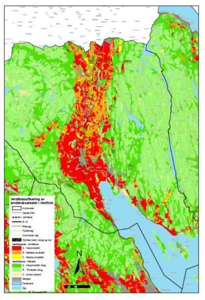 Figur 6.1: Klassifisering av dyrket mark i nordre del av Vestfold. Kartet viser at det meste av arealet har høyeste kvalitet (Akvalitet = rød farge). Kilde: Vestfold fylkeskommune.