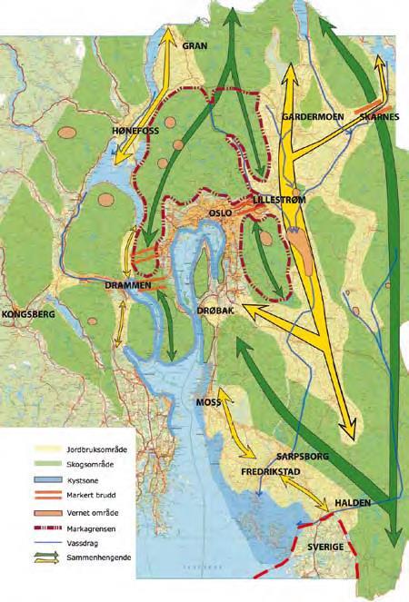 Figur 6.9: Gjeldende grønnstrukturkart for Osloregionen. Kilde «Samordnet areal- og transportstrategi for Osloregionen», januar 2008.