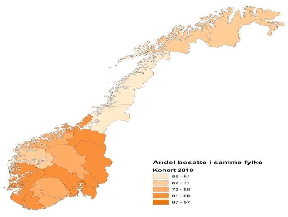 Rapporter 2017/18 Figur 4.17 Gjenboende i bosettingsfylkene. Personer med flyktningbakgrunn bosatt i 2010 som hadde samme bostedsfylke etter fem år (1.1.2015).