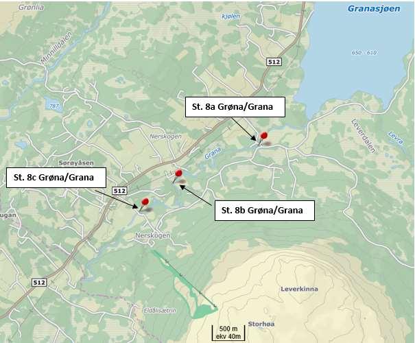 Oversiktskart 2: Rennebu kommune Grøna/Grana (st. 8a, 8b og 8c). Grana utgjør i dag et viktig gyteområde for ørreten i Granasjøen.
