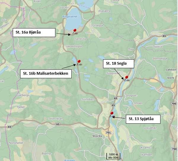 Oversiktskart 6: Meldal kommune (st. 13, 16a, 16b og 18). Ni vannforekomster (st.