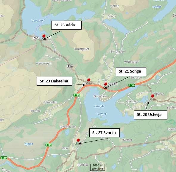 6.5 Orkdal kommune Til sammen syv vannforekomster (st. 20-28, oversiktskart 7 og 8) tilhørende Orkdal kommune ble undersøkt. To stasjoner i hhv.