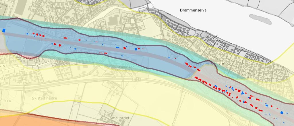 Bygninger som potensielt står i fare for innløsning (grunnlag fra kostnadsberegninger) Forklaring: Røde prikker er boliger som helt eller delvis ligger innenfor en 60-meters korridor.