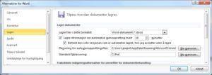 Alt+f r for Alternativer for Word l for Lagre Alt+i for Standard filplassering Skriv inn stien til mappa en vil skal være standard eller trykk Tab for å komme til knappen Bla gjennom, trykk Enter,