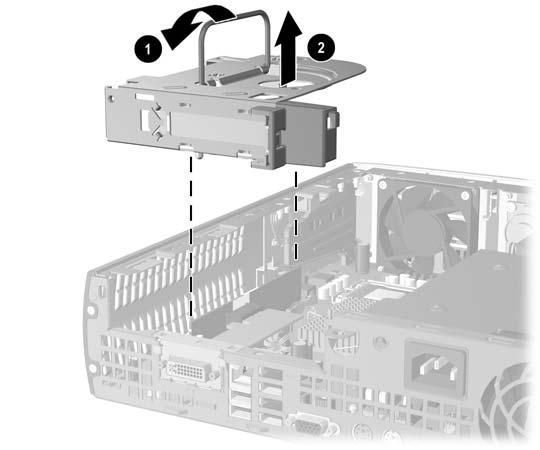 7. Løft håndtaket (1) på utvidelseskortet, og løft det rett opp og ut av datamaskinen (2). Figur 2-12 Ta ut braketten med PCI Express-utvidelseskortet 8.