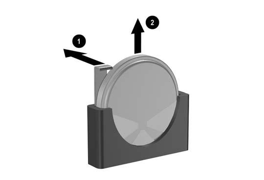 Trekk klemmen (1) som holder batteriet på plass, bakover, og fjern batteriet (2). b. Sett inn det nye batteriet, og sett klemmen tilbake i stilling.