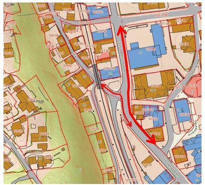 I nordre del av planområdet er de viktigste rutene for gang- og sykkeltrafikk Rådhusgaten/Langgaten og