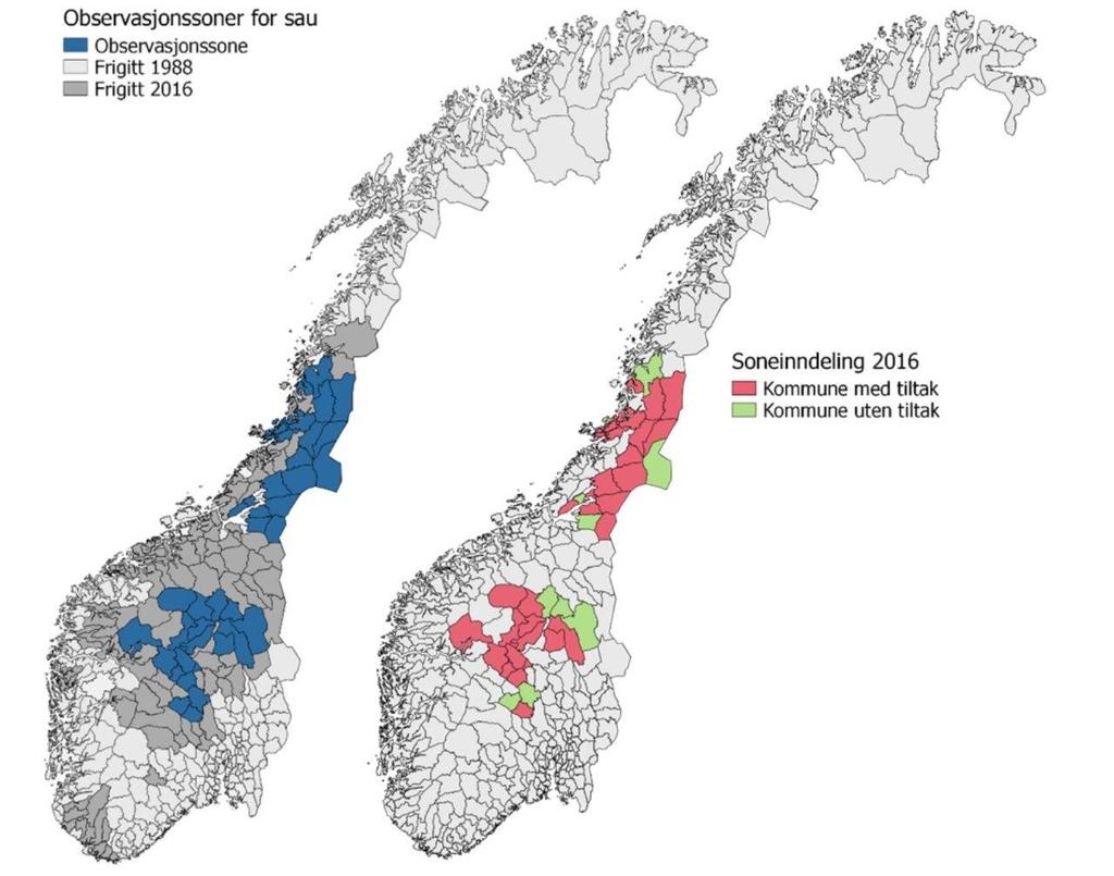 Figur 3.5. Kartet til venstre viser hvilke kommuner som ble omgjort fra observasjonssoner til frisoner i 2016.