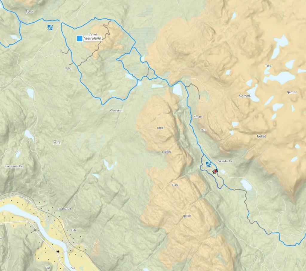 Skiløyper og veier Kartet under viser eksisterende skiløyper. Det er den blåmerka løypa rett nord for Olasetran som kommer inn i planområdet.