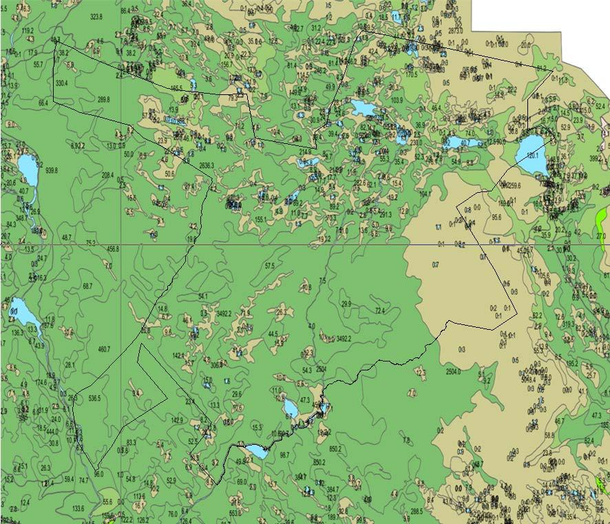 Vegetasjonsstrukturkart Under vises markslagskart (AR5). De grønne områdene er områder hvor det er vegetasjon, mens de lyse brune er åpne myrområder eller snaufjell (områder uten vegetasjon).