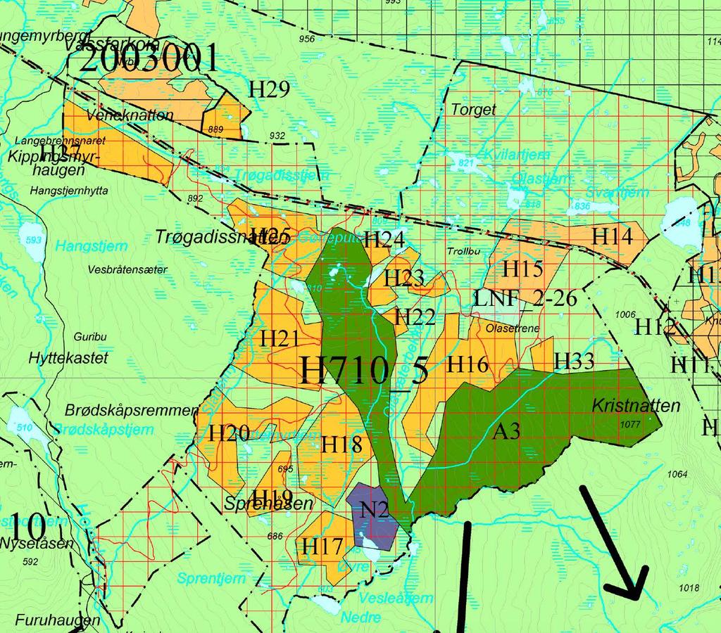 Utsnitt Kommuneplan med benevnelser. I nordvest og i øst grenser planområdet inntil allerede eksisterende områder med hytter og tilhørende vegsystem (H14-15 og H27).