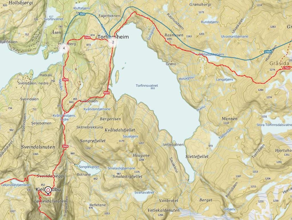 Kart 1 Oversyn over T-merka turstier i prosjektområdet kring Hodnaberg. Det går bilveg fram til kraftstasjonen på Hodnaberg. Møyåni er godt synleg i landskapet.