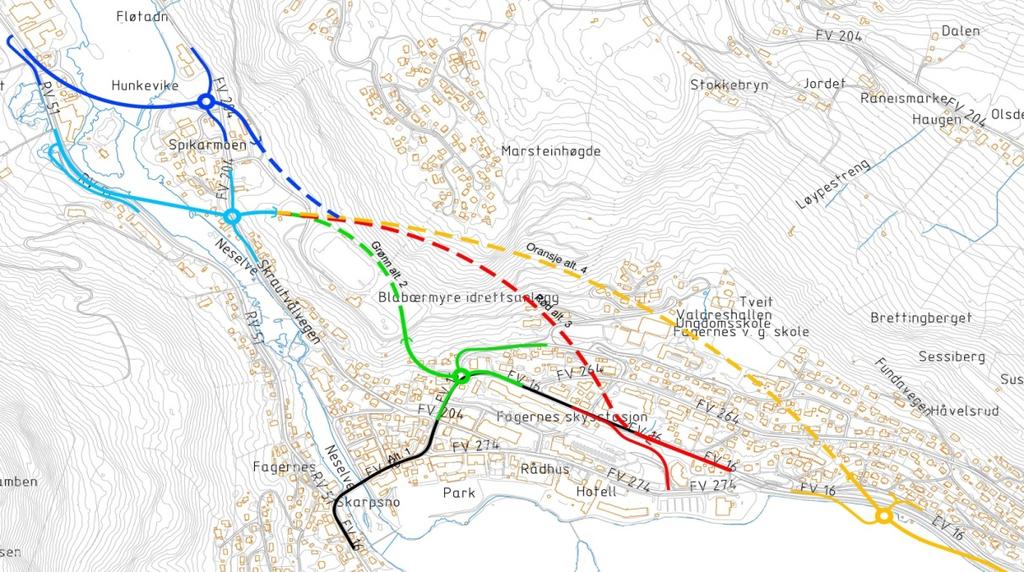 1.2 DE ULIKE ALTERNATIVENE I FAGERNES Alternativ 1 (svart) følger eksisterende veg gjennom sentrum og vil omfatte ulike trafikksikkerhetstiltak og utbedringer som vil gi bedre fremkommelighet.