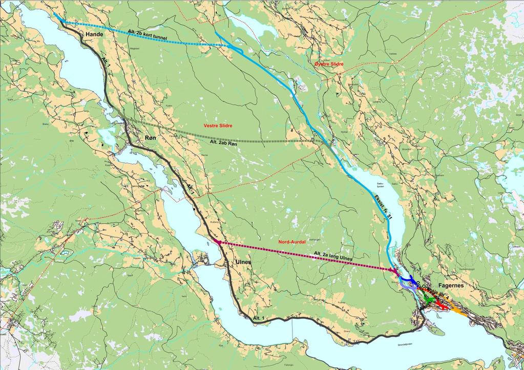 1.3 DE ULIKE ALTERNATIVENE FRA FAGERNES TIL HANDE Alternativ 1 følger eksisterende E16 på hele strekningen. Tiltakene vil omfatte opprusting eller nybygging, inkludert tiltak for gående og syklende.