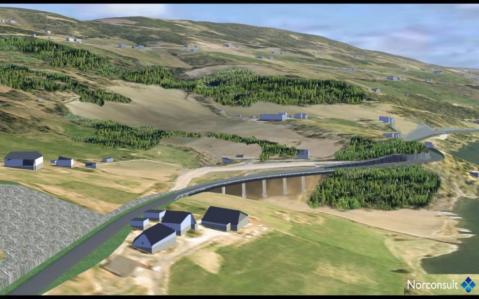 Figur 10 Illustrasjon av Reiesvingen på bru sett mot sørvest Alternativ 2b kort tunnel kommer ut i lisiden ved gårdstunet Hagajordet i nærheten av Nørre Hande.