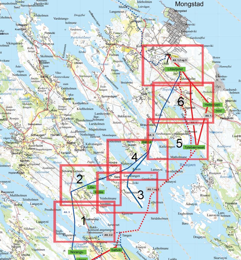 KART LINDÅS OG AUSTRHEIM På de neste sidene følger DMK-kart (digitale markslagskart) og tilhørende ortofoto for de foreslåtte traceene