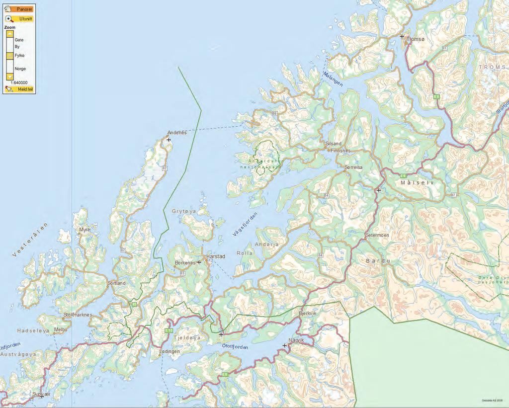 Tromsø Senja Brensholmen Botnhamn Hamn i Senja Gryllefjord Senja Oslo Andenes Bardufoss Statens Vegvesen,