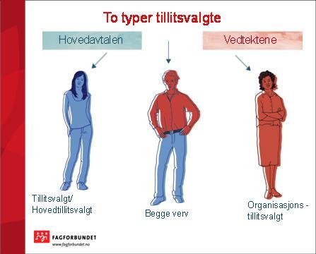 Tillitsvalgte: I hovedtrekk kan vi si at vi har 2 ulike typer tillitsvalgte i Fagforbundet. I tillegg finnes verneombudet som er et ombud for alle ansatte i virksomheten.