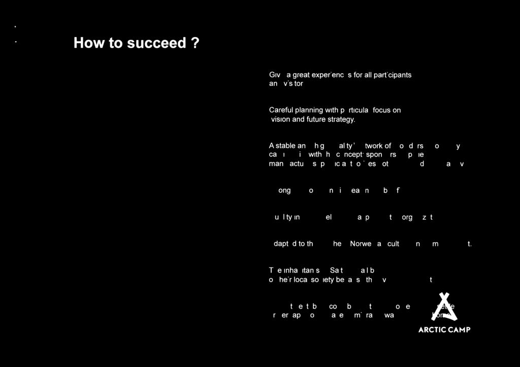 How to succeed? Give a great experiences and visitors. for all participants Careful planning with particular focus on vision and future strategy.